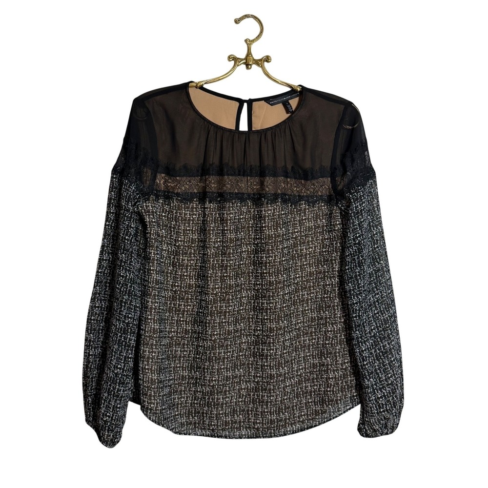 White House Black Market Tweed Lace Sheer Sleeve Top Blouse‎ Women's Size 4